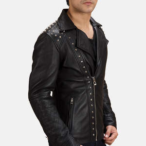 Black Studded Genuine Sheepskin and Cowhide Leather <b>Biker</b> <b>Jacket</b> Reversible Design XS to XL Sizes Autumn Season ODM Coated - Product Image 2