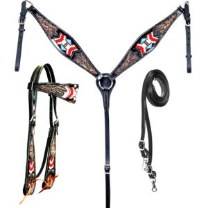 Headstall Collar de pecho y riendas Tallado completo y mazorca y alrededor de tachuelas de níquel Western Leather Headstall y riendas de cuello de pecho - Product Image 2