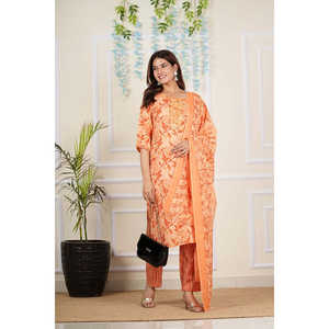 Conjunto Dupatta de pantalón Kurta de algodón para mujer, cuello en U, estampado Floral bordado, manga 3/4, hasta la rodilla, ajuste Regular, naranja - Product Image 6