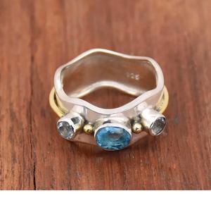 Anillo de Topacio Azul Plata de Ley 925 hecho a mano Triple piedra Zigzag Boho Birthstone anillo de aniversario regalo para ella - Product Image 3