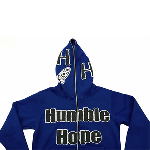 Sudadera con capucha azul con cremallera completa con estampado de soplo, sudadera de gran tamaño con lavado ácido negro de Hip Hop personalizado para Material de tela de invierno - Product Image 3
