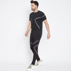 Streetwear deux pièces pantalon ensemble de survêtement coudre Logo personnalisé réfléchissant hommes survêtement à manches courtes t-shirts et pantalons de survêtement pantalons - Product Image 3