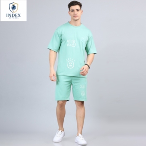 Conjunto de Camiseta y Pantalones Cortos Verde Menta para Hombre, Cuello Redondo, Algodón Tejido, Estilo Casual de Verano, 2 Piezas, Impresión por Transferencia de Calor, Marca INDEX APPAREL - Product Image 1