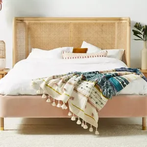 Cama de ratán de lujo moderna con marco de madera tamaño Queen ajustable para muebles de cama de casa y Villa de hotel