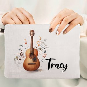 Pochette à cosmétiques personnalisée en lin pour instrument de musique avec nom, sangle de poignet, fermeture éclair, logo personnalisé, cadeau d'anniversaire pour musicien, amateur de musique - Product Image 1