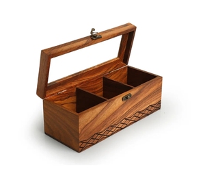 Organisateur de sachets de thé Caddy 3 sections avec serrure Boîte à thé Sesham Boîtes de rangement en bois Organisateur de station de thé pour comptoir - Product Image 4