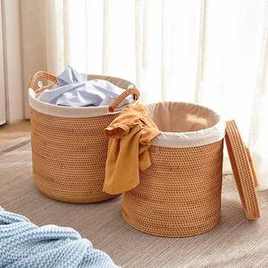 Natural Eco Friendly Rattan Trash Bin Waste Bins Sustainable Woven Laundry <b>Hamper</b> Basket with Lid and Handle - Product Image 6