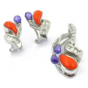 Parure de bijoux de luxe pour femme en argent 925 avec corail et pierres précieuses, sertissage clos, pour usage quotidien - Product Image 3