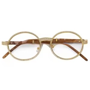 Clear <b>Lens</b> Wood Frame Round Vintage 14K Gold Hip Hop Iced Glasses for Men - Product Image 4