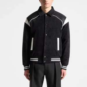 Blouson universitaire slim pour homme, style urbain, avec garniture en fourrure de mouton, manches en cuir, doublure polaire, en tissu tricoté écologique, modèle simple - Product Image 2