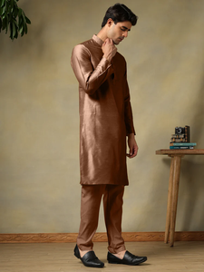 <b>Men</b> Brown Cotton <b>Silk</b> Kurta <b>Pajama</b> Set | Breathable Solid Regular Fit Summer Casual Designer Ethnic Wear <b>for</b> Festive & Daily Use - Product Image 5