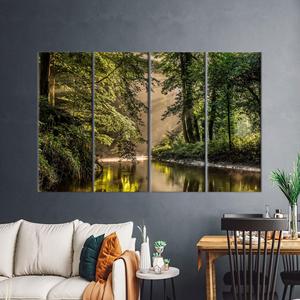 ภาพพิมพ์บนผ้าใบ: ทิวทัศน์ป่าไม้, ศิลปะแม่น้ำ, งานศิลปะสีเขียวสำหรับบ้าน,4P: ห่อหุ้มแบบแกลเลอรี - Product Image 1