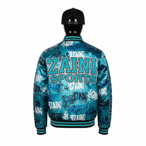Chaqueta de Satén de Alta Calidad con Tela Lisa y Brillante en Patrón Gráfico Aqua con Logotipo Personalizado Bordado en Chenilla Chaqueta de Satén para Hombre - Product Image 5