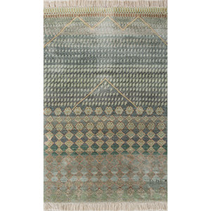 Alfombra de Seda Anudada a Mano Manchaha Verde con Patrón Geométrico para Sala de Estar, Alfombra Rectangular para Pasillo, Alfombra de Estilo Puzzle para Coche-LPS-18 - Product Image 1