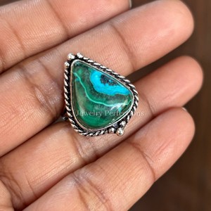 Bagues de créateur en argent plaqué argent faites à la main avec des pierres précieuses de chrysocolle et de malachite, bijoux élégants pour mariage, anniversaire, fiançailles - Product Image 1