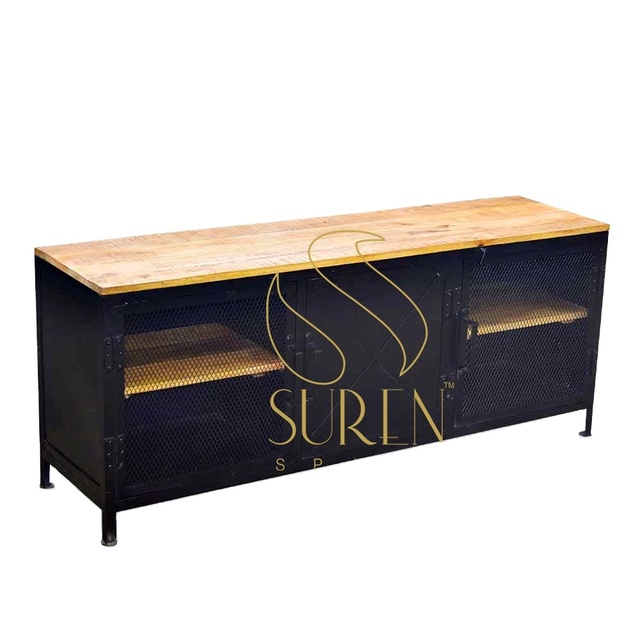 SUREN Industrial Metal TV Stand with Wood Top and Mesh Doors 65 In and Up Living Room Furniture Storage Cabinet