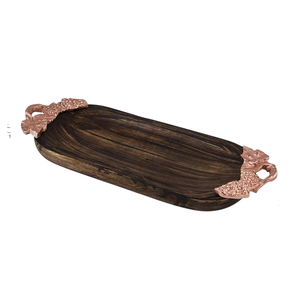 Petit plateau en bois de forme ovale en métal poignée en cuivre plateau décoratif de cuisine de salle à manger florale plateau de service traiteur personnalisable - Product Image 1