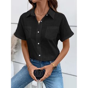 Camisa de manga corta con cuello y botones para mujer, 34979 - Negro - Product Image 1