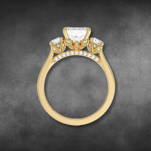 Bague à trois pierres en diamant de laboratoire certifié IGI, taille émeraude, en or jaune 14K 18K avec pierres latérales rondes pour femme, bague de mariée - Product Image 2