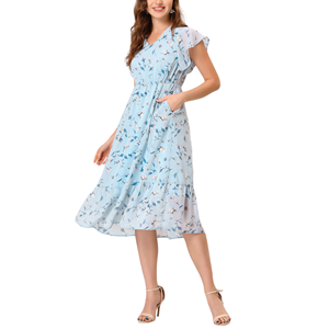 Sostenible sin mangas Floral Wrap Midi Sundress cuello en V con cinturón volantes Bodycon transpirable antiestático OEM servicio disponible - Product Image 4