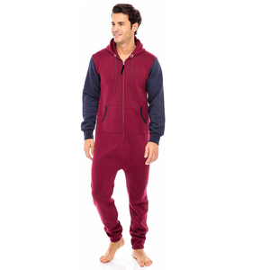 Pyjama une pièce respirant en polaire brodé pour homme, couleur rouge, combinaison à capuche, vêtements de nuit d'intérieur - Product Image 2