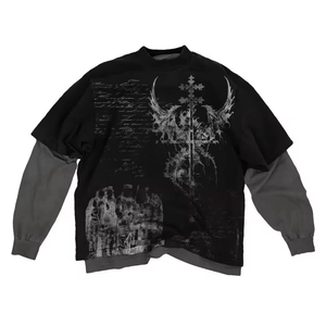 Camiseta de Algodón Vintage de Manga Larga de Doble Capa para Hombre, Impresión DTG Personalizada OEM, Lavado Ácido, Patchwork con Efecto Desgastado - Product Image 3