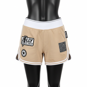 Shorts de sport pour femmes, 240 GSM, coton et polyester, polaire beige et blanc, panneau latéral, logo brodé personnalisé. - Product Image 6