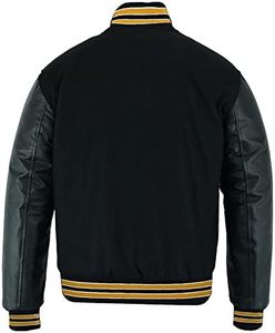 New Varsity Letterman <b>Baseball</b> <b>Bomber</b> <b>Jacket</b> - Vintage Solid Black Wool with Multi-Trim Leather Sleeves - Product Image 5