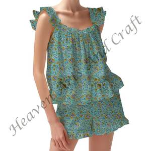 Shorts <b>Pajama</b> Set <b>For</b> <b>Women</b> Wear Autumn Spring/<b>Summer</b> Floral Fitted Strappy Ruffle Trim Sleeves PJ Set - Product Image 1