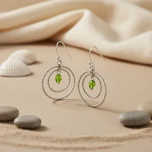 Boucles d'oreilles créoles en argent sterling 925 plaqué or 18 carats avec pierre précieuse verte, design vintage avec pendentif, pour cadeau femme - Product Image 2