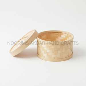 Eco Friendly Handcrafted <b>Bamboo</b> Storage <b>Container</b> with Lid Crisscross Pattern Natural Organizer Home Utility Bulk Supplier - Product Image 1