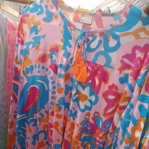 Verano Boho Casual Túnica Multicolor Estampado abstracto Rosa Base Azul Naranja Magenta Manga larga Borla Cuello Botón frontal Blusa - Product Image 1