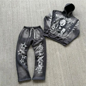 Personalizado hombres sólido ácido lavado transpirable chándal Vintage lavado sol desteñido DTG Impresión logotipo ligero Sudadera con capucha pantalones de chándal barato - Product Image 6