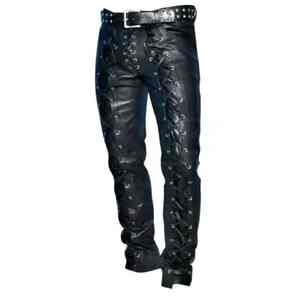 Pantalones lisos apilados de ajuste Regular de cuero genuino para Mujer | Pantalones de mallas de cuero de piel de oveja para exteriores informales para mujer - Product Image 1