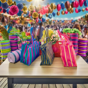 กระเป๋าเครื่องสำอางแบบทอจากไนลอนรีไซเคิล ทำมือโดยผู้ผลิตโดยตรง ใช้ซ้ำได้ ลายทาง สำหรับซุปเปอร์มาร์เก็ต ดีไซน์อินเดียดั้งเดิม - Product Image 1