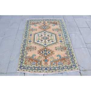 Tapis turc vintage, tapis d'appoint 3,3x4,8 pieds, tapis patchwork marron et bleu - Product Image 1