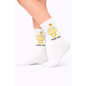 Chaussettes de tennis blanches imprimées « Duck You », style sportif quotidien, respirantes, impression numérique, en spandex et polyester - Product Image 2