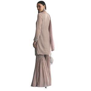 Traje de lavanda ligera Chinon Kurta Sharara con trabajo de bordado Moti para mujer Recepción de boda y traje de fiesta - Product Image 4