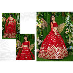 High quality red <b>lehenga</b> set for Indian brides, sequin embroidered with dupatta, offered <b>cheap</b> at wholesale bulk price. - Product Image 1
