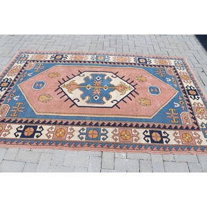 Tapis turc vintage, grand tapis de 5,2 x 8,2 pieds, tapis bleu style sud-ouest - Product Image 3