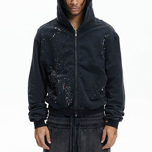 Sweat à capuche respirant à fermeture éclair sur le devant, en coton 100% vintage, lavé à l'acide, orné de cristaux en strass, diamant d'hiver - Product Image 4