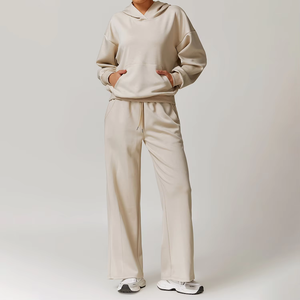 2025 nuevo Otoño Invierno cintura alta 2 piezas conjunto Joggers pantalones sudadera con pantalones de chándal Sudadera con capucha en blanco conjuntos de entrenamiento sueltos para mujeres - Product Image 3