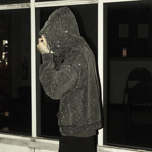 Sudaderas con Capucha Personalizadas para Hombre, Tendencia Superior, Totalmente Decoradas con Piedras de Imitación, 100% Algodón, Felpa, Tinte Liso, Bordadas, Estilo Vintage Lavado - Product Image 5