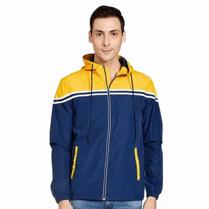 Two Tone Color Waterproof Jackets For Boys in 100% Nylon Fabric Full Sleeves Hooded Zipper Up Rain Coats For Gents