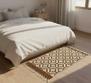 Tapis en laine brun et blanc fait main, géométrique, diamant, étoile, treillis, moderne, bohème, salon, style vintage - Product Image 3