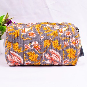 <b>Large</b> Block Printed Cotton Grey with Yellow Vintage Eco-Friendly Water Resistant Case Zipper Closure Travel Cosmetic <b>Bag</b> Pockets - Product Image 5