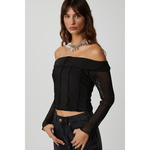 Blusa de tul con paneles y hombros descubiertos de manga larga para mujer ETHIQUET NERYS - Product Image 3