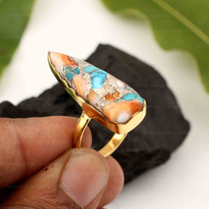 Bague en pierres précieuses turquoise en cuivre huître naturelle 10x30mm de long trillion 925 bijoux bohème en argent sterling fête à la mode - Product Image 6