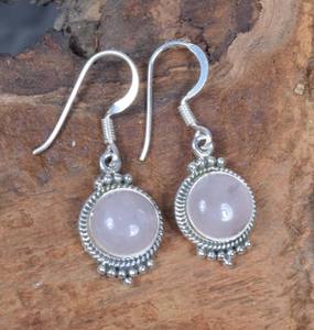 Natural Pink Rose Quartz Cabochon Round 10mm Bezel Setting Baho Vintage Dangle <b>Drop</b> Solid 925 Sterling <b>Silver</b> Handmade <b>Earring</b> - Product Image 4