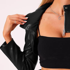 Chaqueta de cuero con cuello vuelto y logotipo personalizado, nuevo diseño, servicio OEM, Chaqueta corta de cuero PU para mujer, 2024 - Product Image 5